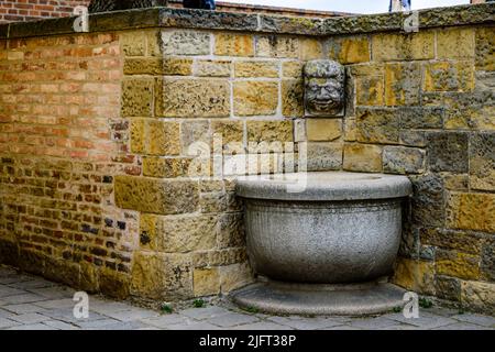 Skulptur eines menschlichen Kopfes auf einem Wasserbehälter auf der Burg Spilberk in Brünn, Mähren, Tschechische Republik Stockfoto