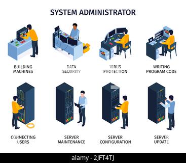 Zusammensetzung des Systemadministrators mit Symbolen für die Serverwartung, isometrische Darstellung isolierter Vektor Stock Vektor