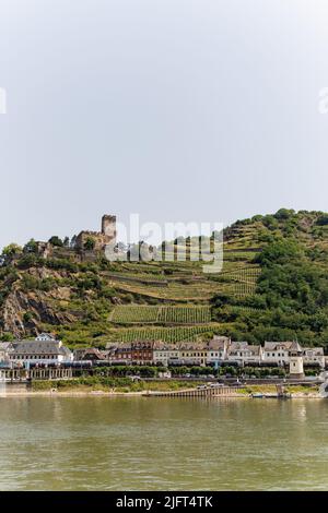 Die Stadt Kaub (Caub) am Rhein mit Weinterrassen/Weinbergen und Schloss Gutenfels im Hintergrund. Stockfoto