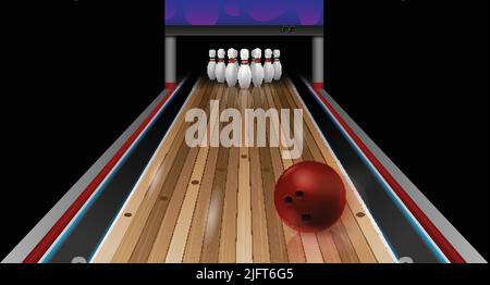 Realistische Bowling-Komposition mit perspektivischer Ansicht der Bowlingbahn mit Pins und Parkettfläche mit Kugelvektor-Illustration Stock Vektor