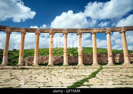 Ovale ionische Säulen, Jerash, Governorat Gerasa, Jordanien Stockfoto