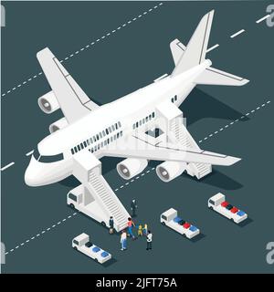 Flugzeug Onboarding isometrische Zusammensetzung mit isolierten Blick auf Flugzeuge mit Lufttreppen LKW Stewards und Passagier Zeichen Vektordarstellung Stock Vektor