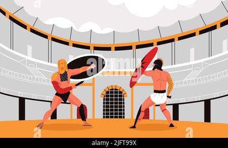 Zwei römische Gladiatoren mit Schilden kämpfen auf der Arena des kolosseums flache Vektor-Illustration Stock Vektor