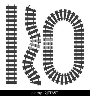 Rail Way Kollektion Silhouette Draufsicht, schwarze Bahnstraße im Cartoon-Stil isoliert auf weißem Hintergrund. Kurve Linie gesetzt Eisenbahn. Silhouette. Vektorgrafik Stock Vektor