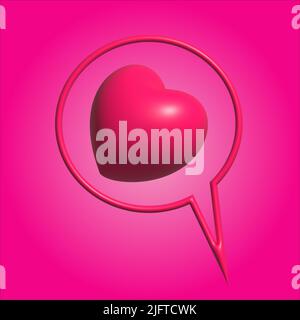 Rote Herz Sprechblase 3D Abbildung auf einem rosa Hintergrund. Stock Vektor