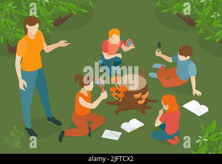 Schule Hochschule Outdoor Bildung Natur Wald Feldarbeit Studenten beobachten Pilze auf Baumstumpf isometrische Zusammensetzung Vektor Illustration Stock Vektor