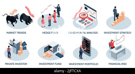 Anlagestrategie isometrisches Konzept 8 isometrische Kompositionen mit Markttrend-Bullenbären-Symbolen Risikoanalyse Vektordarstellung Stock Vektor