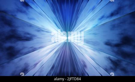 Abstrakter Hintergrund. Metalloberfläche mit neonleuchtenden Strahlen und scharfen Flecken. Sci-Fi, kosmisch, Galaxienhintergrund. 3D Rendern. Stockfoto