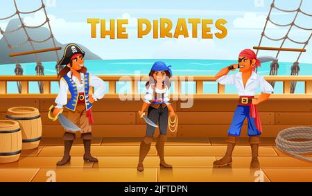 Zwei mutige Piraten und eine Frau Piraten stehen auf dem Deck des Schiffs Vektor-Cartoon-Illustration Stock Vektor