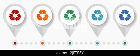 Recycling Konzept Vektor-Symbole, editierbare Infografik Vorlage, Satz von bunten flachen Design Zeiger Stock Vektor