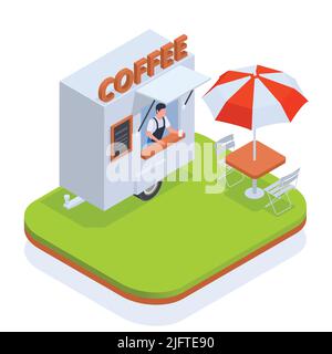 Kleinunternehmerbesitzer Familienbetrieb farbige isometrische Zusammensetzung Mini-Kaffee-LKW und Tisch für Besucher in der Nähe Vektor-Illustration Stock Vektor