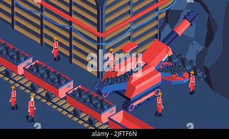 Unterirdische Mine Zerkleinerung Maschinen Erz Entfernen Transport an die Oberfläche Bergleute in roten einheitlichen isometrischen Zusammensetzung Vektor-Illustration Stock Vektor