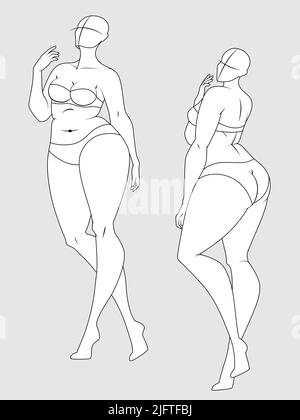 Plus Größe 10 Köpfe Fashion Figure Templates. Übertriebene Croquis für Modedesign und Illustration Stock Vektor