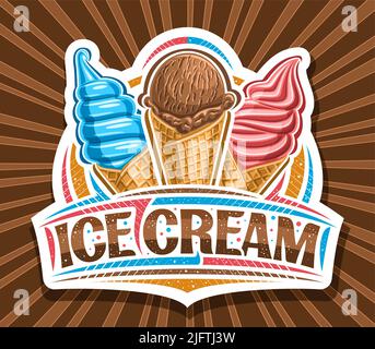 Vektor-Logo für Eiscreme, geschnittenes Papier Schild für Kindercafé mit Illustration von dreifachen lebendigen Eiskrem in Waffelkegel, einzigartige Pinsel-Schriftzug für Stock Vektor