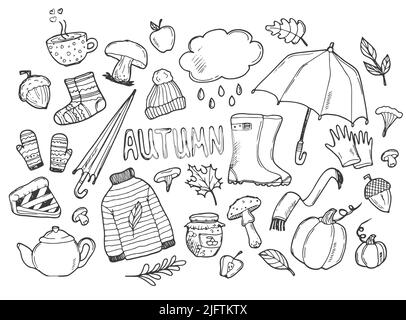 Herbstliche Kritzeleien. Handgezeichneter Satz von Skizzen: Gummistiefel, Wolke, Buch, Tasse Tee, Pullover, Regenschirm, Kuchen, Apfel, Pilze, Blätter, Blumen usw. Isola Stock Vektor