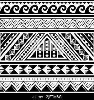 Polynesisches nahtloses Vektor-Muster mit geometrischen Formen, coolem Textil- oder Stoffdruck im hawaiianischen Stil in Schwarz und Weiß Stock Vektor