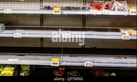 2022-07-05 13:08:15 HAARLEM - Leere Regale in einem Supermarkt. Aufgrund von Bauernblockaden in Vertriebszentren können Produkte nicht geliefert werden. Die Bauern protestieren gegen die Stickstoffpolitik. ANP ROBIN UTRECHT niederlande Out - belgien Out Stockfoto