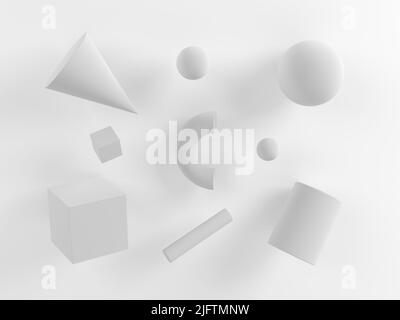 Abstrakte geometrische Formen auf grauem Hintergrund. 3D Abbildung. Monochrom. Stockfoto