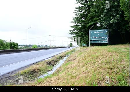 Das Stadtschild von Aberdeen in Washington gibt die USA an. Stockfoto