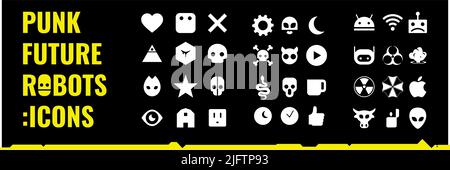 Icon Set im futuristischen Stil, Cyberpunk-Elemente, Roboter Emoticons Sammlung, Vektor-Symbole von Cyborgs, Aliens und Monster Stock Vektor