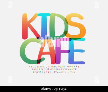 Farbenfrohes Flyer Kids Cafe. Helles Alphabet und Zahlen mit transparentem Effekt Stock Vektor