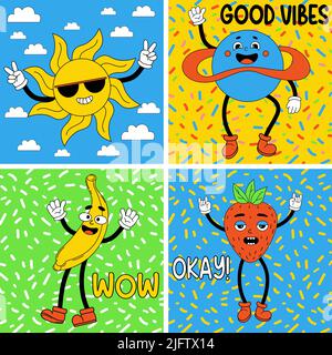 Lustige Zeichentrickfiguren. Groovige Elemente funken Erde, Sonne, Banane und Erdbeere mit Füßen und Handschuhen. Stickerpaket, Poster, Drucke. Comic-Set Stock Vektor