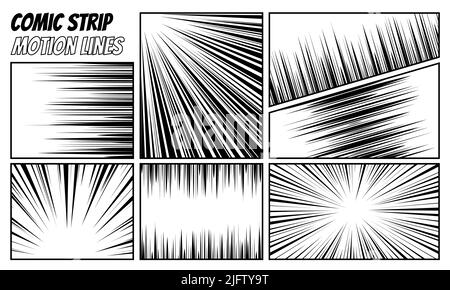 Comic Strip Radial Motion Lines Set. Anime-Comics Buch Helden Geschwindigkeit oder Kampf Action Textur Blast Strahlen. Manga Cartoon scharfe Zeichnung Explosionen Hintergrundsammlung. Vektorgrafik eps Stock Vektor