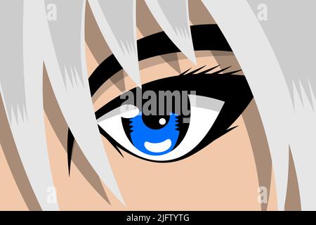 Anime Comic-Streifen hübsche junge oder Mädchen Gesicht mit blauem Auge und weißen Haaren. Manga Comics Buch Held Kunst Hintergrund Konzept. Vektor Cartoon Look eps Illustration Stock Vektor