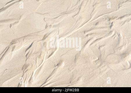 Abstrakte weiße Sand Sediment Muster, Meer natürliche organische Landschaft in der Sonne scheint. Draufsicht auf ein konzeptuelles strukturiertes Bild von feuchtem Meersand Stockfoto