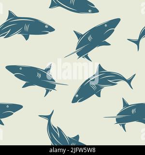 Vektor Nahtloses Muster mit Cartoon Sharks Silhouette. Nahtlose Textur mit ausschnittbehaarte Haie. Ocean Predator. Meer, Meer, Meerestiere. Hai Stock Vektor