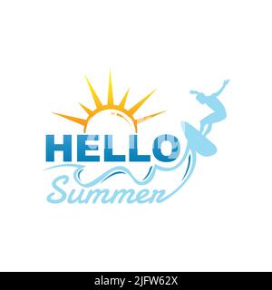 Hallo Sommer Banner Surfer und Wellenreiten Vektorbild. Hallo Sommer Hintergrund mit surfenden Männern auf abstrakten Grafik Form blaue Welle und gelbe Sonne Stock Vektor