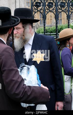 Parliament Square, London, Großbritannien. 5.. Juli 2022. Mitglieder der orthodoxen jüdischen Gemeinde protestierten auf dem Parliament Square in London gegen das Schulgesetz und Änderungen im Religionsunterricht. Kredit: Matthew Chattle/Alamy Live Nachrichten Stockfoto