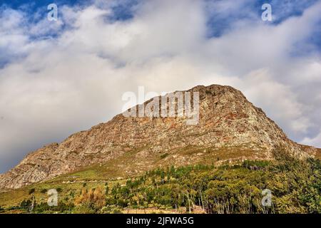 Ein Bild von unten vom Tafelberg. Eine schöne Aussicht auf die Natur eines hohen Berges in Form eines Löwen Kopf mit Wald, und ein wolkigen Himmel in der Stockfoto