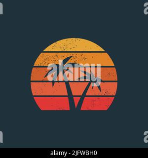 Retro-Sonnenuntergang-Symbol mit pal-Baum Stock Vektor