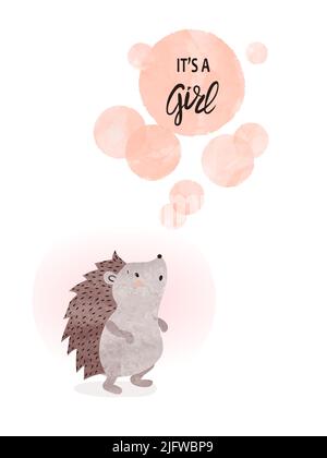 Baby Dusche Mädchen Karte Design mit niedlichen Baby Igel. Vektorgrafik Aquarell. Stock Vektor