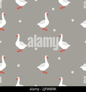 Nahtlose Cartoon Gänse-Muster. Niedlicher, schlichter Gans-Druck in flacher Optik. Vektorgrafik Stock Vektor