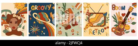 70s groovige Poster mit Planeten und Star, Rollschuh, Retro-Girl, Blumen, alter Gitarre und anderen. Psychedelisches Poster im Vintage-Stil. Abstraktes digitales Poster. Vektorgrafik Stock Vektor