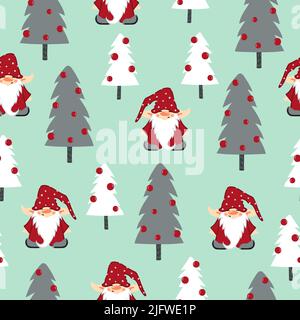 Merry Christmas Nahtloses Muster mit niedlichen Zwergen und Weihnachtsbäumen. Geschenkpapier Stock Vektor