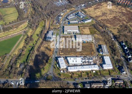 Luftaufnahme, Baustelle im Industriegebiet Hermann-Drescher-Weg Stadtgrenze Bottrop im Stadtteil Karnap in Essen, Ruhrgebiet, Nordrhein Stockfoto