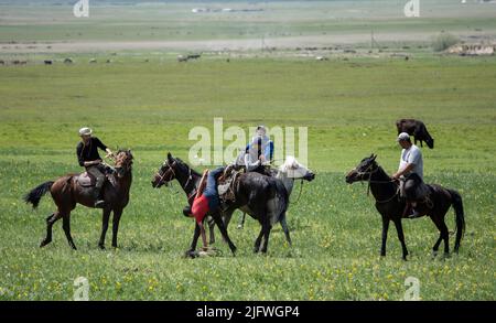 Männer spielen auf einem Feld in Kirgisistan eine Partie Kok Boru oder totes Ziegenpolo. Stockfoto