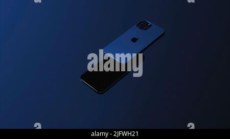 3D Smartphones fliegen auf isoliertem Hintergrund. Design. Werbeanimation des neuen Smartphone-Modells. Stilvolle 3D Animation von Smartphones des neuen Modells. Stockfoto