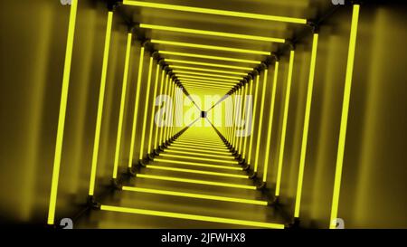 Rotierender 3D Tunnel mit Neonquadraten. Design. Geweihter quadratischer Tunnel rotiert mit hypnotischer Wirkung. Quadrat 3D Tunnel dreht sich langsam. Stockfoto