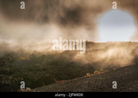 Größter Vulkan im Mauna Loa mit Kopieplatz. Landschaft von nebligen Bergen auf Big Island, Hawaii. Blick auf den Mauna Kea, einen schlafenden Vulkan in einer abgelegenen Gegend Stockfoto