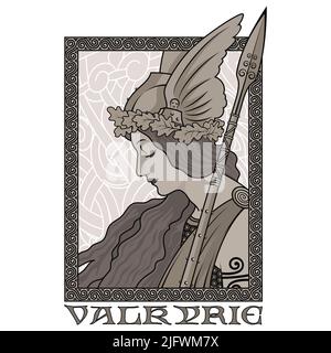 Valkyrie, Illustration zur skandinavischen Mythologie, gezeichnet im Jugendstil Stock Vektor