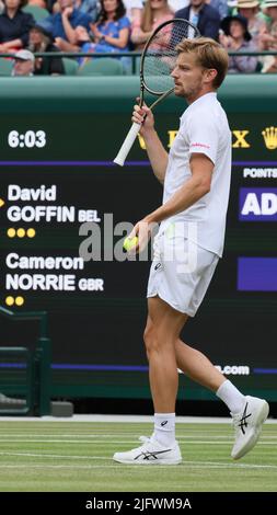 Wimbledon, Großbritannien, 05/07/2022, der Belgier David Goffin, aufgenommen während eines Tennismatches gegen Großbritannien Norrie im Finale 1/8 des Männer-Einzelturniers beim Wimbledon Grand Slam-Tennisturnier 2022 im All England Tennis Club, im Südwesten Londons, Großbritannien, Dienstag, 05. Juli 2022. BELGA FOTO BENOIT DOPPAGNE Stockfoto