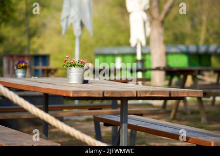 Biergarten mit Blumendekoration auf dem Tisch. Sitzen in der Sonne mit Pflanze im Zinneimer. Stockfoto