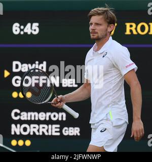 Wimbledon, Großbritannien, 05/07/2022, der Belgier David Goffin, aufgenommen während eines Tennismatches gegen Großbritannien Norrie im Finale 1/8 des Männer-Einzelturniers beim Wimbledon Grand Slam-Tennisturnier 2022 im All England Tennis Club, im Südwesten Londons, Großbritannien, Dienstag, 05. Juli 2022. BELGA FOTO BENOIT DOPPAGNE Stockfoto