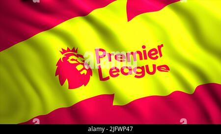 Das Emblem der Premier League mit einem Löwen.Bewegung.die Premier League of England, in der alle englischen Teams spielen.nur für redaktionelle Zwecke verwenden. Hohe Qualität 4K Stockfoto