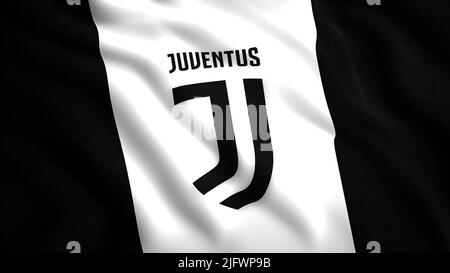 Juventus-Symbol auf einer weißen Flagge. Bewegung .das Emblem des italienischen Profifußballvereins aus Turin, einer der ältesten, meistbetitelten und stärksten Stockfoto