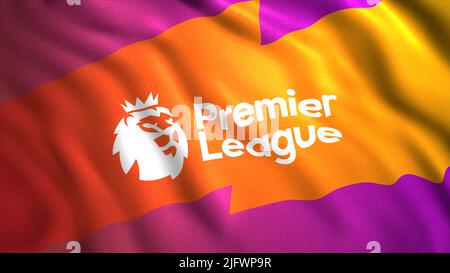 Das Emblem der Premier League mit einem Löwen.Bewegung.die Premier League of England, in der alle englischen Teams spielen.nur für redaktionelle Zwecke verwenden. Hohe Qualität 4K Stockfoto